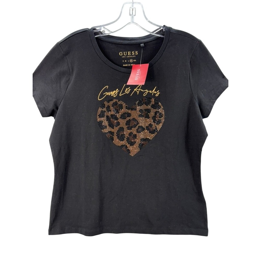 NWT Guess T-Shirt Women XL Black Leopard Heart Rhinestone Gold Script Tee